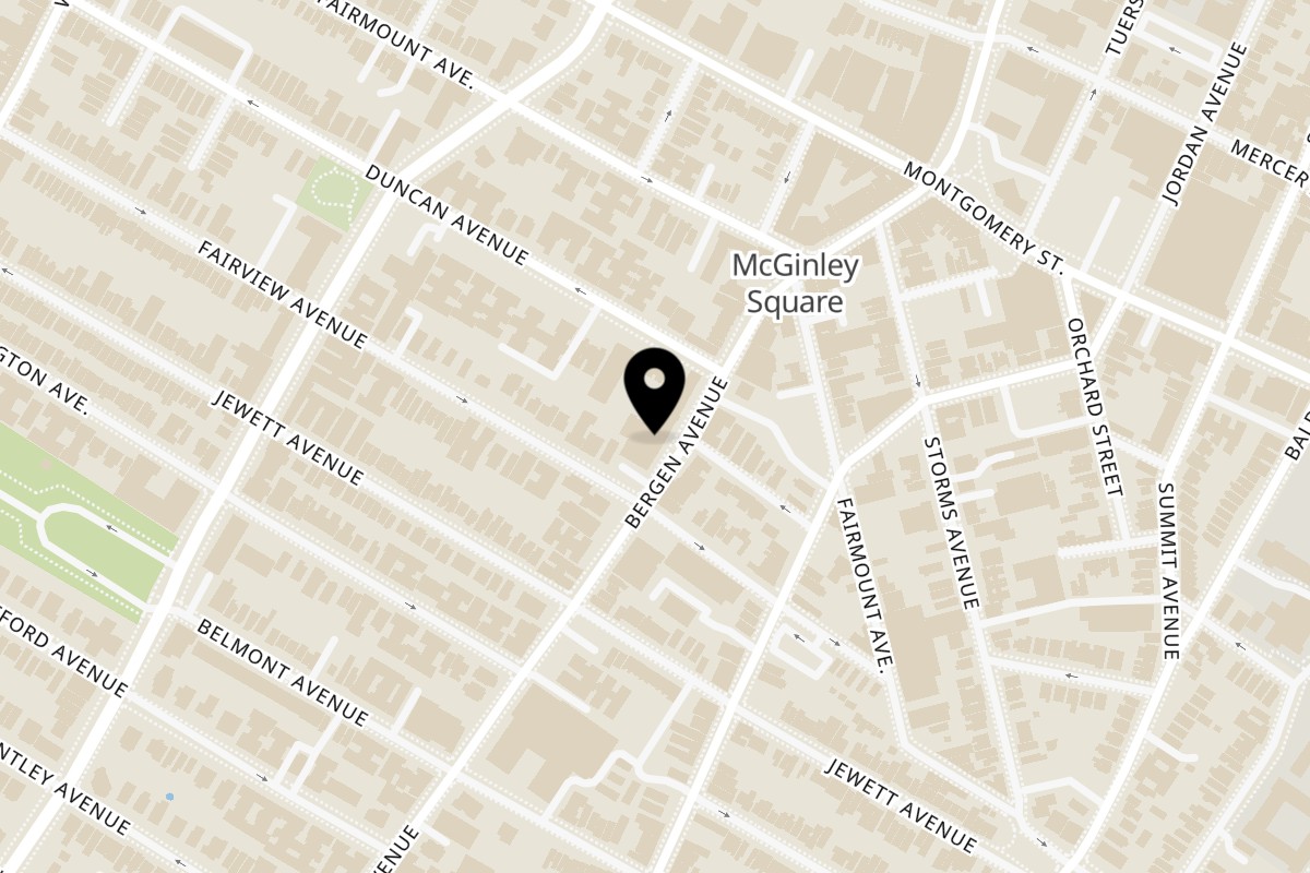 Map showing the location of Krewe of McGinley Square on 673 Bergen Ave in Jersey City